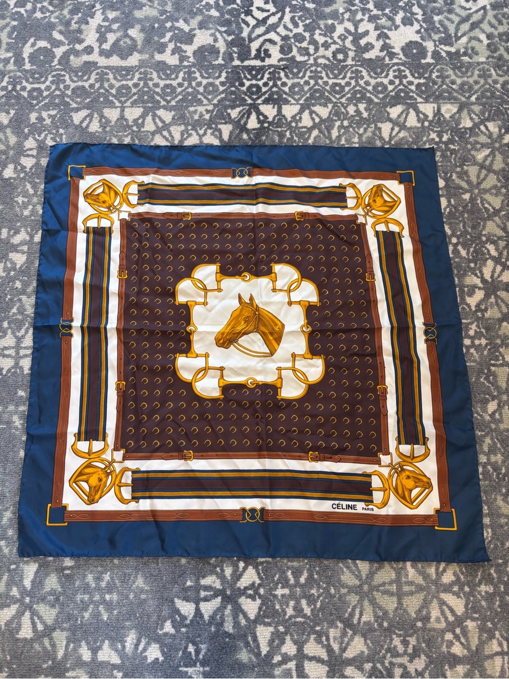Vintage equestrian-themed silk square scarf